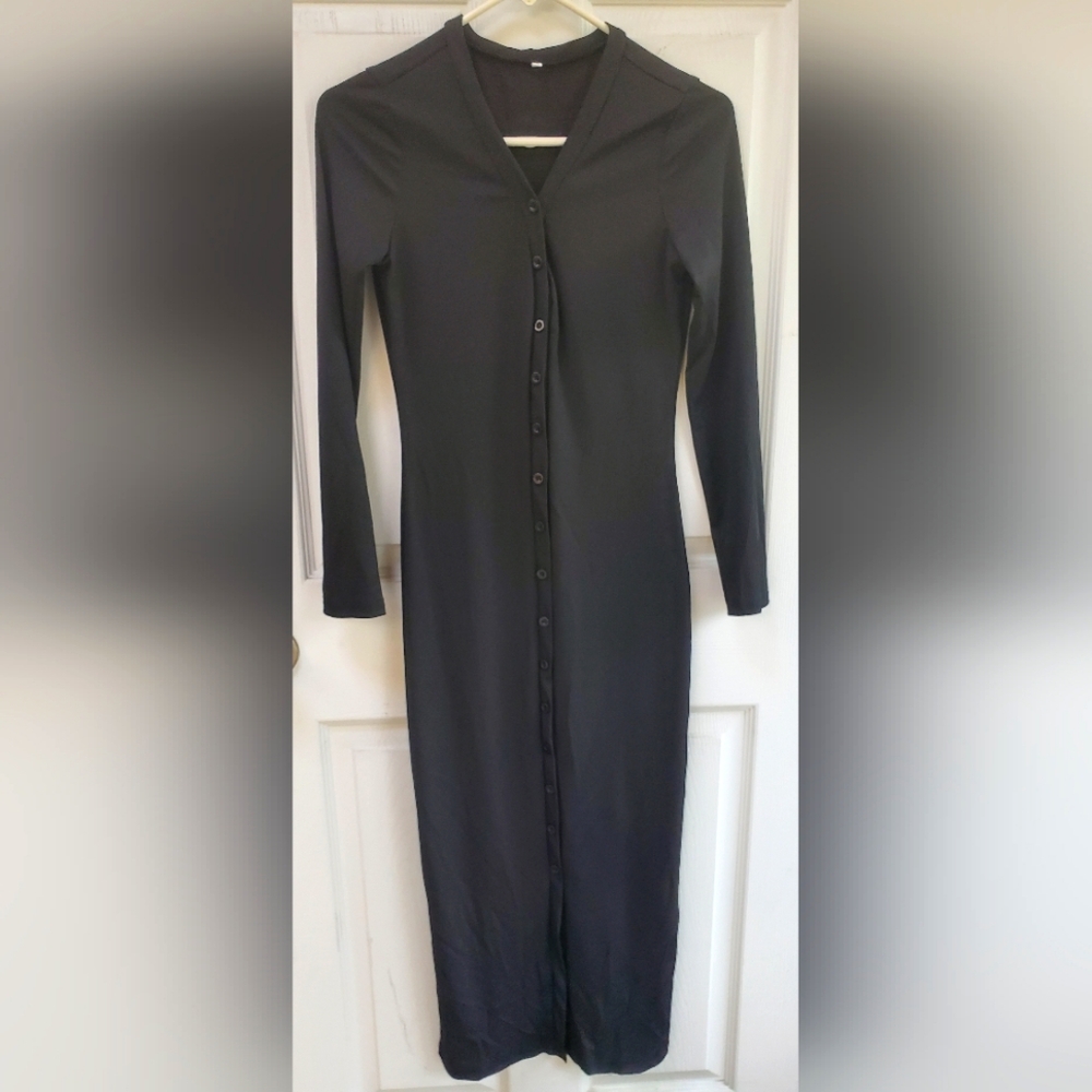 Long Sleeve Button Down Cardigan Maxi Bodycon Dress, S